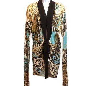 RED LEOPARD PRINT CARDIGAN WITH FAUX PEARL DETAIL • BLACK CHIFFON TRIM • sz S